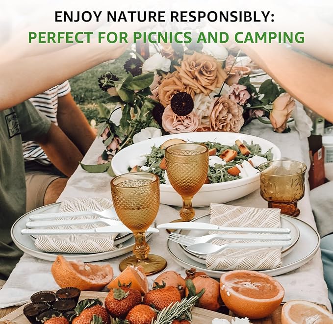 100% Compostable Forks 60 Count Disposable Forks Heavy Duty Utensils Set Fork Silverware Eco Friendly Flatware Plastic Free for Party Camping Picnics Wedding-Ivory White