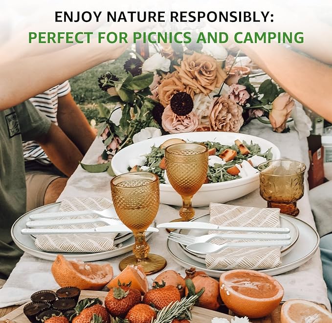 100% Compostable Forks 180 Count Disposable Forks bulk Utensils Set Heavy Duty Fork Silverware Eco Friendly Flatware for Party Camping Picnics Wedding-Ivory White