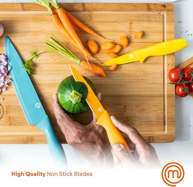 MasterChef Kitchen Knives Set with Covers incl. Paring, Boning, Carving, Bread, Santoku & Chef Knife, Sharp Cutting Stainless Steel Blades with Sheaths, 12 Piece (6 Colored Knives & 6 Covers)