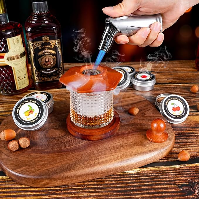 Whiskey Smoker Kit with Torch - 6 Flavors Wood Chips, 2 Rotatable Whiskey Glasses, 2 Ice Ball Molds - Cocktail Smoker Infuser Kit, Old Fashioned Smoker Kit, Birthday Gifts for Men, Dad(NO Butane)