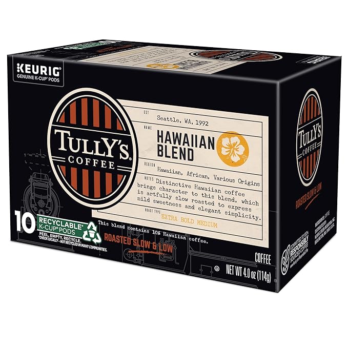 Tully's Coffee Hawaiian Blend, Keurig Single Serve K-Cup Pods, Medium Roast, 60 Count, (6 Packs of 10)