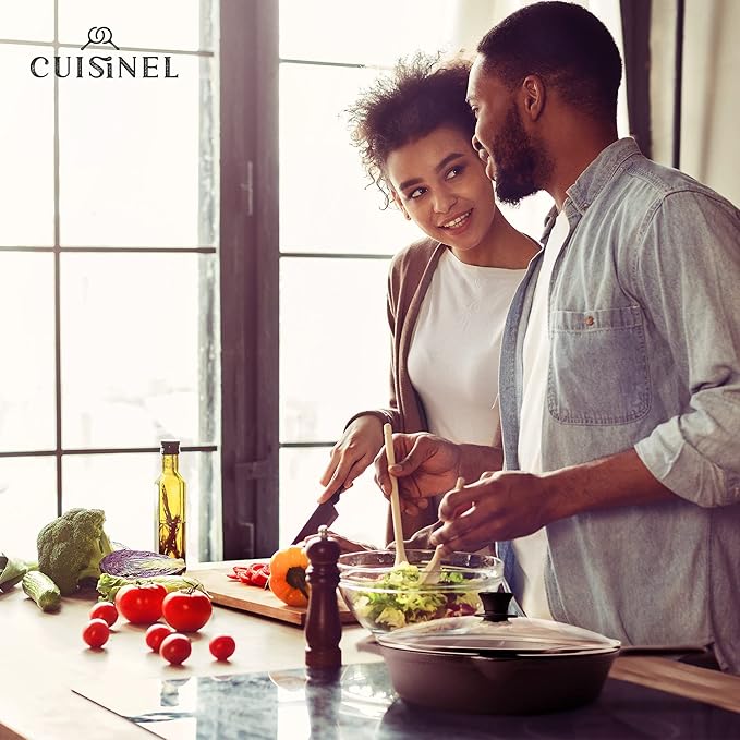 Cuisinel Cast Iron Skillet with Lid - 12"-Inch Frying Pan + Glass Lid + Heat-Resistant Handle Cover - Pre-Seasoned Oven Safe Cookware - Indoor/Outdoor Use - Grill, BBQ, Fire, Stovetop, Induction Safe