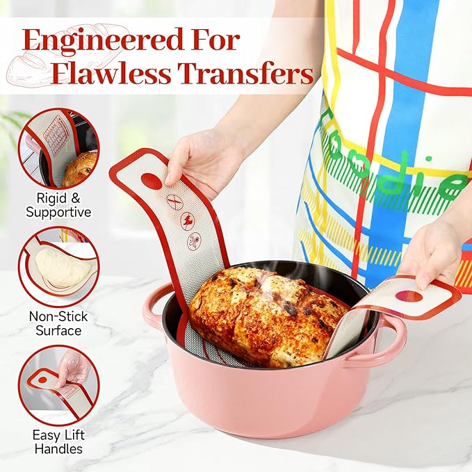 Silicone Bread Sling for Dutch Oven Oval and Round, 2PCS Non-stick & Easy to Clean Reusable Round Bread Baking Mat Set with Long Handles, Oven Liners, Sourdough Bread Baking Supplies