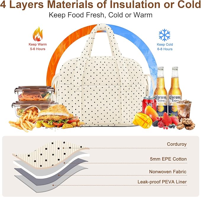 Corduroy Lunch Box Lunch Bag for Women Adults Men, Cute Insulated Work Reusable Leakproof Simple Large Lunch Boxes Tote Bag Adults Cooler Bag, with Shoulder Strap