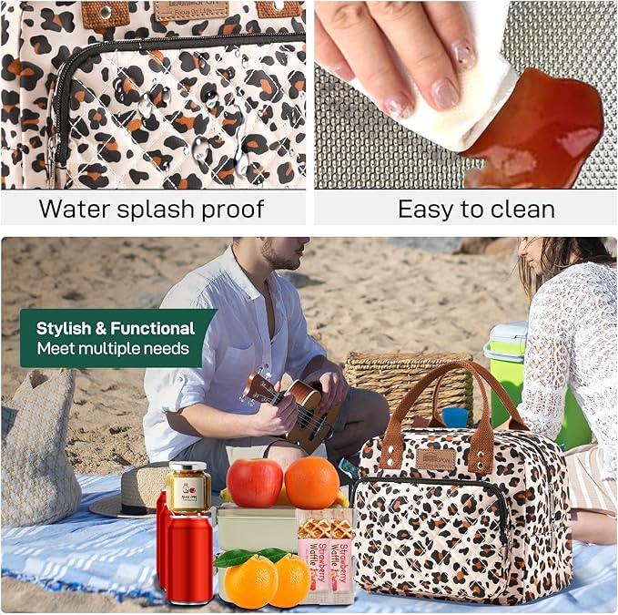 HOMESPON Lunch Bag for Woman Man Adults with Front Pocket Insulated Lunch Tote Lunch Box Container for Work Picnic or Travel(Leopard)