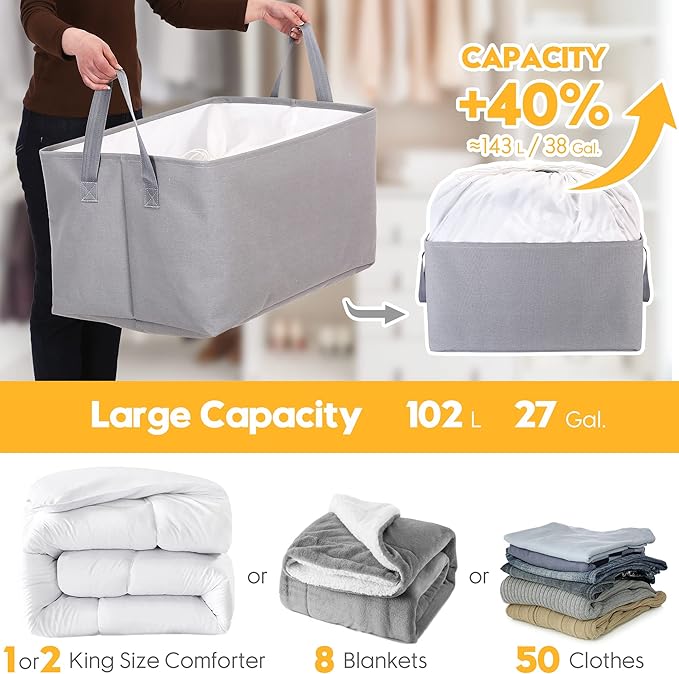 Hinwo 102L XXL Storage Bins, 2-Pack Closet Organizers and Storage, Foldable Clothes Storage Baskets with Handles, Containers for Clothing, Blanket, Comforters, Toys, Bedding (Gray)