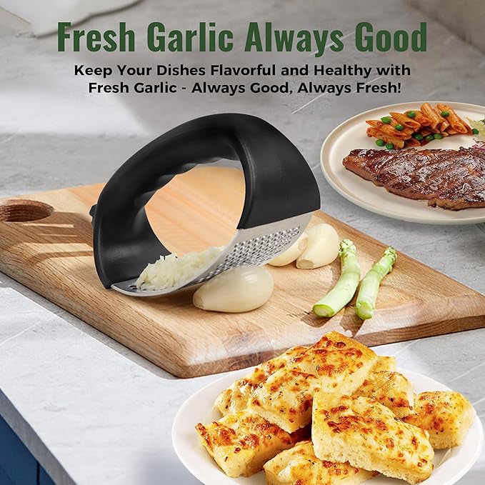 Garlic Press Rocker, Stainless Steel Garlic Mincer and Garlic Crusher, Easy-Squeeze Garlic Tool with Peeler and Cleaning Brush for Smashing Garlic