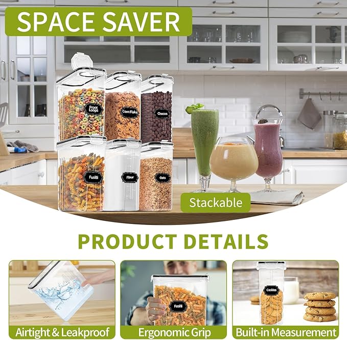 Skroam 8PCS Cereal Containers Storage [4L/135.2 oz], Airtight Food Storage Containers with Pour Spout for Kitchen & Pantry Organization Storage, Plastic Cereal Dispensers, Measuring Cup & 20 Labels
