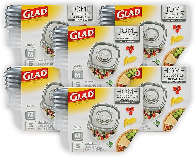 GladWare Home Entree Food Storage Containers, Medium Square Holds 25 Ounces of Food, 5 Count Set |With Glad Lock Tight Seal, BPA Free Containers and Lids