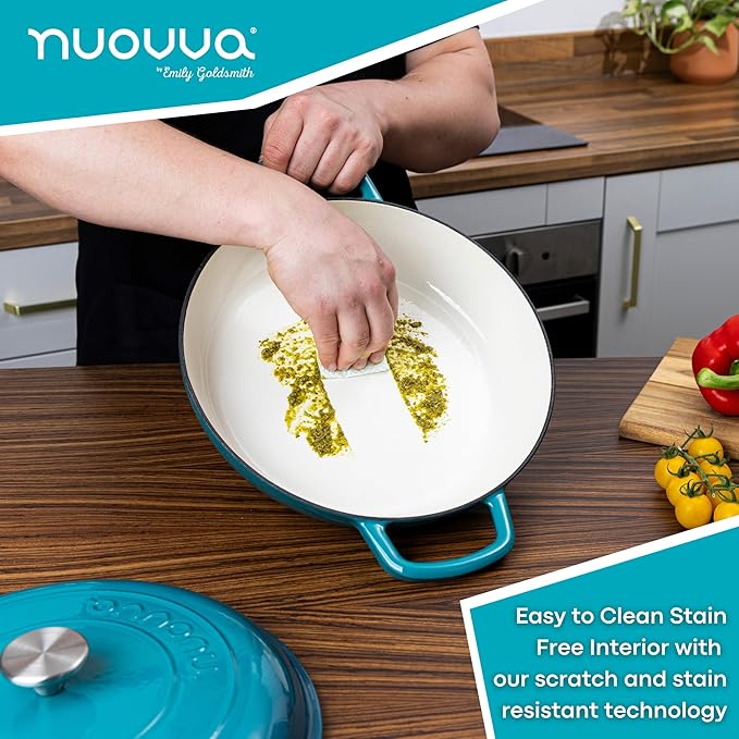 Cast Iron Dutch Oven with Lid – Non Stick Shallow Dutch Oven Pot, Oven Safe up to 500° F – Sturdy Cooking Pot – Enamelled Stockpot Cookware – Teal, 3.7-Quart, 30cm – by Nuovva
