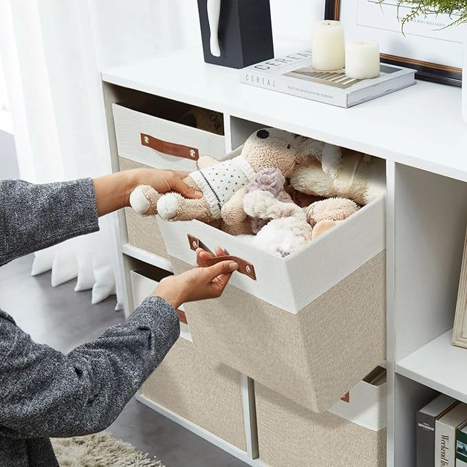 DECOMOMO Fabric Cube Storage Bins - Storage Baskets for Shelves, Cube Storage Organizer for Kallax and Cubbies (Beige & White, 11 inch Cube) - 4 Pack