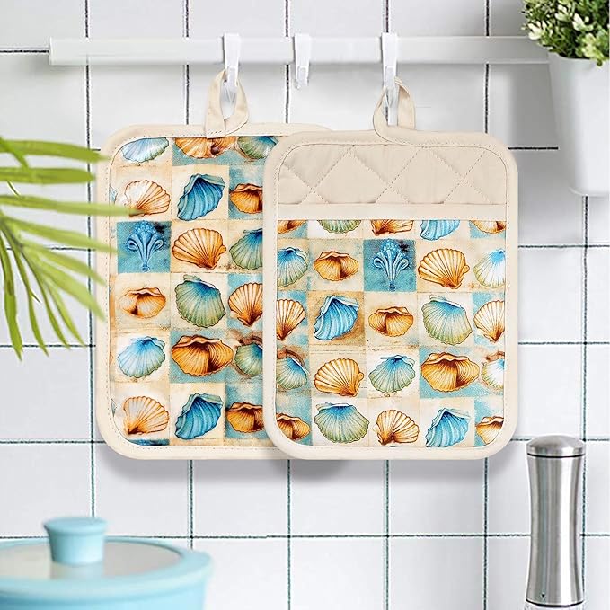 Pot Holders Set of 2 Heat Resistant 480 ℉Non Slip Clear Silicone Printed Comfortable Cotton Lining Kitchen Women Men Cooking Baking Microwave Machine Washable (Shell, Beige potholders)