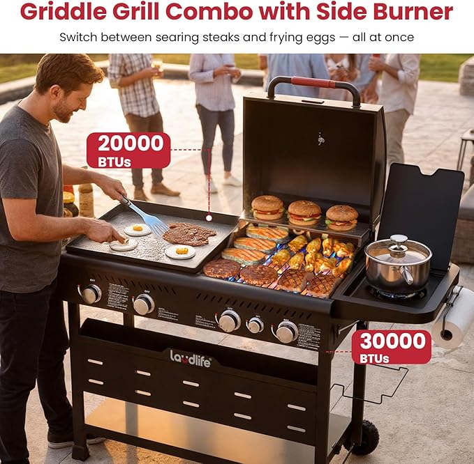 Griddle Grill Combo with Side Burner, 702 SQ.IN Cooking Space, 5 Burners Propane BBQ Grills of 50,000 BTU, Non-Stick Enamel Grate, Heavy-Duty Stand for Backyard BBQ & Outdoor Cooking