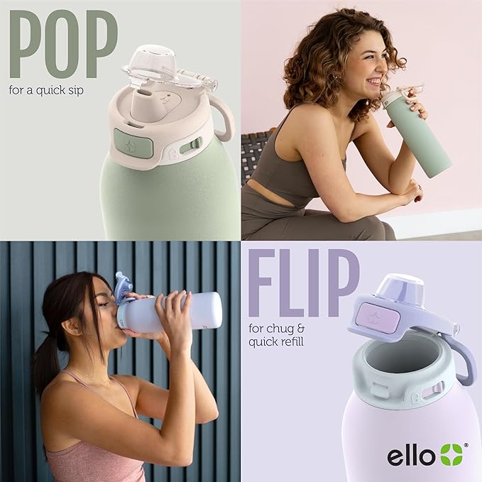 Ello Pop & Fill Stainless Steel Water Bottle with Quick Fill Technology, Double Walled Vacuum Insulated Metal, Leak Proof Locking Lid, Sip & Chug, BPA Free, Holiday Gift for Him Her, 22oz, 32oz, 40oz