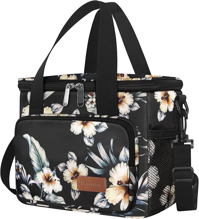 Femuar Lunch Bags for Women/Men, Insulated Lunch Bag for Work Office Picnic - Lunch Cooler Bag Leakproof Lunch Box with Adjustable Shoulder Strap - Hibiscus