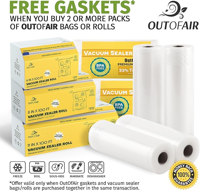 Vacuum Sealer Roll & Bag Cutter (8" x 100') 4 mil 100 Foot Embossed Bags by OutOfAir 33% Thicker, BPA Free, Sous Vide, Commercial Grade, Works with All Machines
