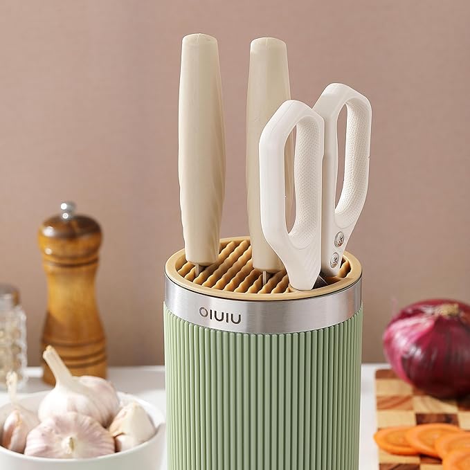 Knife Block without Knives, OLULU Universal Round Knife Block Holder, Spacing Saving Knife Storage Organizer Stand Rack for Countertop (Stylish Green+Yellow Color)