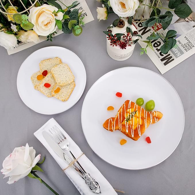 KIRE 100PCS Silver Plastic Plates - Heavy Duty White Disposable Plates with Silver Rim for Party/Wedding - Include 50Pcs 10.25inch Dinner Plates and 50Pcs 7.5inch Dessert Plates for Christmas