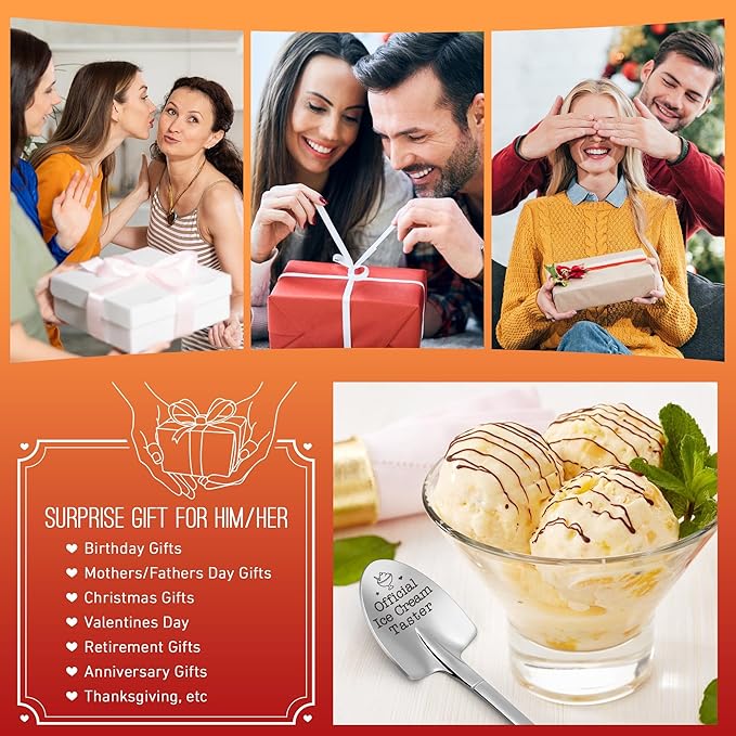 Funny Ice Cream Spoons Gift for Ice Cream Lovers, Engraved Spoon Official Ice Cream Taster, Unique Christmas Stocking Stuffers Presents for Women Friends Husband Wife Couples for Valentines