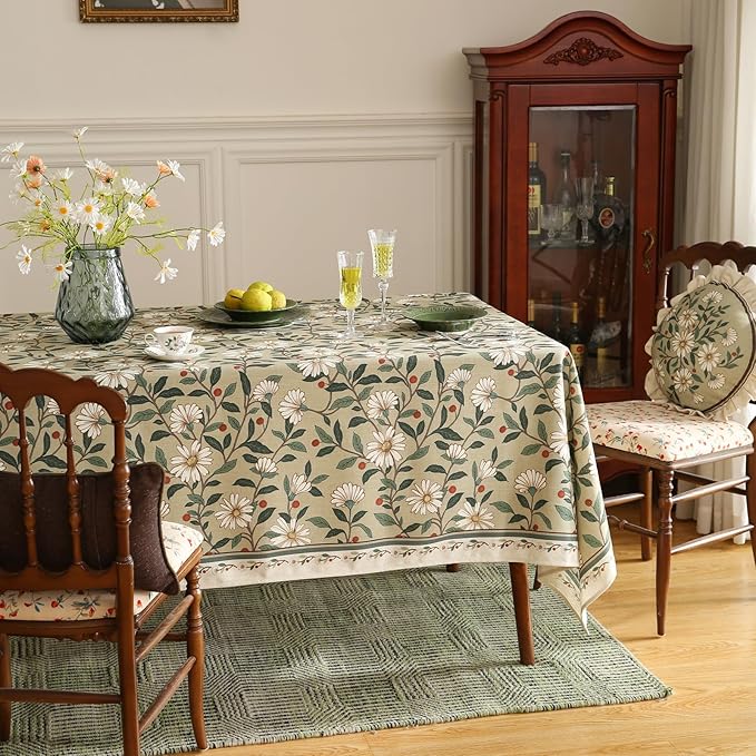 ISAENNE Designer Green Linen Small Square Table Cloth,Floral French Country Indoor Tablecloth,Stain Resistant Home Decor Tablecloths for Dining Kitchen Thanksgiving Christmas Party,55"*55"-Brune