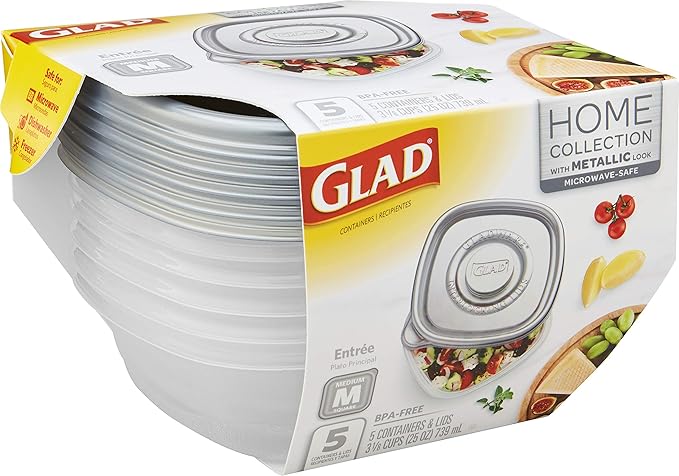 GladWare Home Entree Food Storage Containers, Medium Square Holds 25 Ounces of Food, 5 Count Set |With Glad Lock Tight Seal, BPA Free Containers and Lids