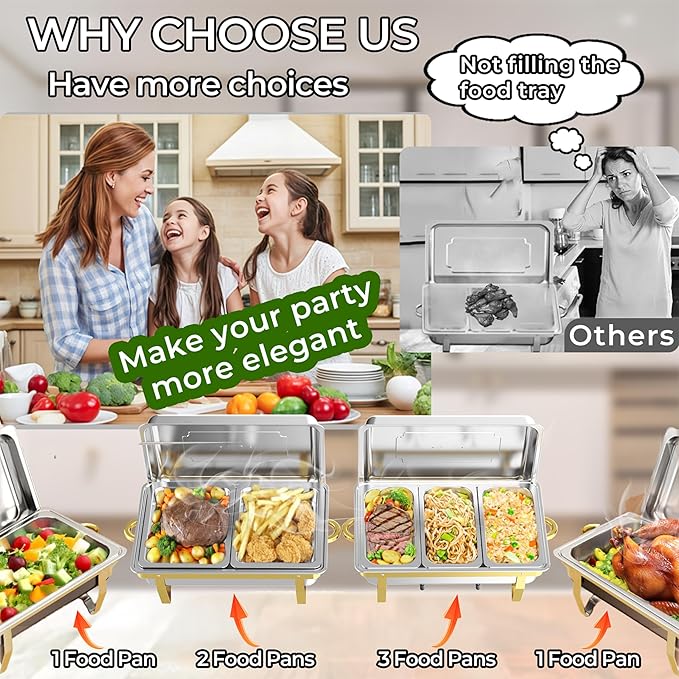 Chafing Dishes for Buffet 4 Pack(Full 1/2 1/3 Size Pan), 9QT Chafing Dish Buffet Set Stainless Steel Buffet Food Warmers Sets for Catering Events Parties Dinners,Gold and Silver
