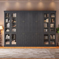 70.8" Tall Farmhouse Bookshelf, Modular Bookcase with Glass Doors, 6-Tier Adjustable Shelves, Large Storage Cabinet for Kitchen, Living Room, Black, Set of 4
