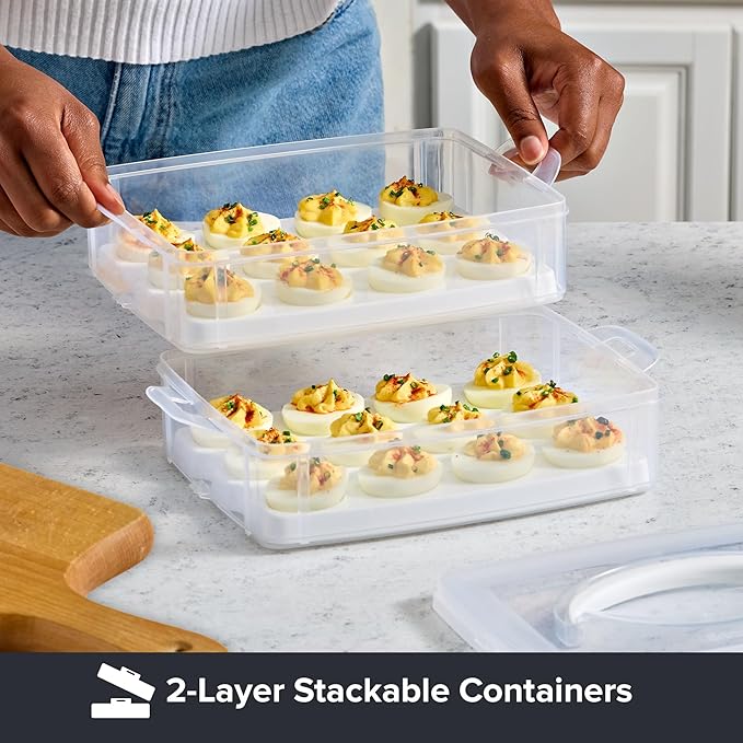 Snapware (2-Layer, 24 Eggs) Plastic Detachable Deviled Egg Carrier Storage Container With Lid and Handle, Freezer Dishwasher Microwave Safe