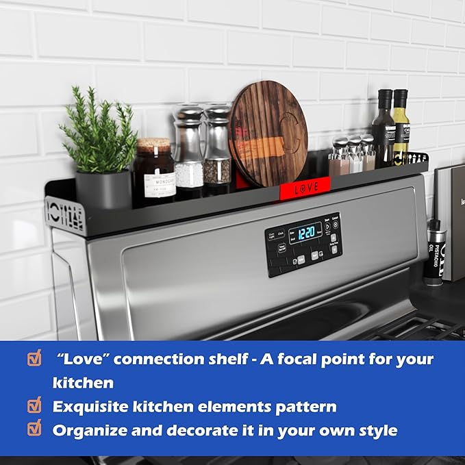 30" Magnetic Stove Top Shelf – Black Spice Rack with Red LOVE Design – Seasoning Organizer for Back of Stove – Over Stove Rack and Kitchen Storage Shelf