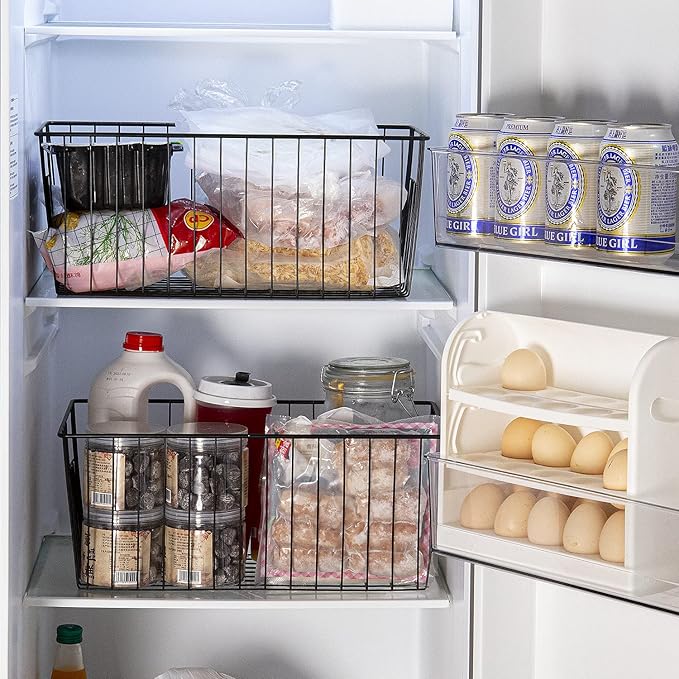 16inch Freezer Wire Storage Organizer Baskets, Household Refrigerator Bins with Built-in Handles, Black, 6PACK