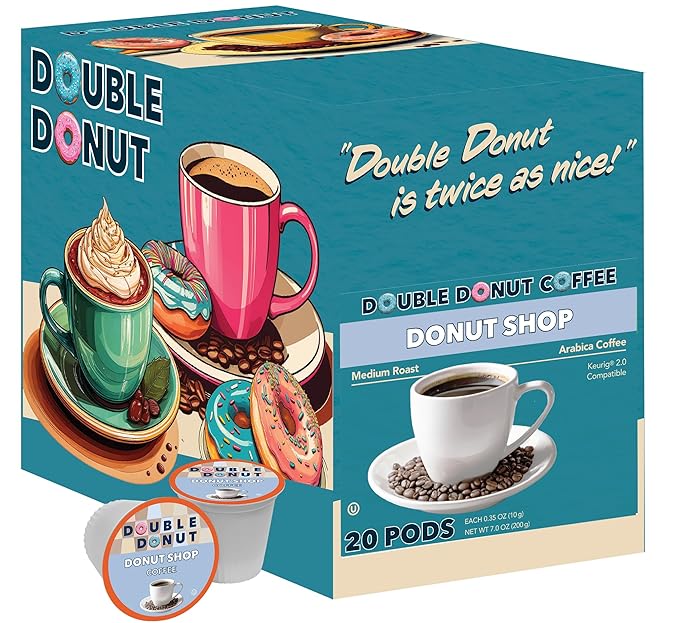 Double Donut Coffee Donut Shop Flavored Coffee Pods, Medium Roast Blend Coffee, Compatible with Keurig K Cup Brewer Machines, 20 Count (Pack of 2)