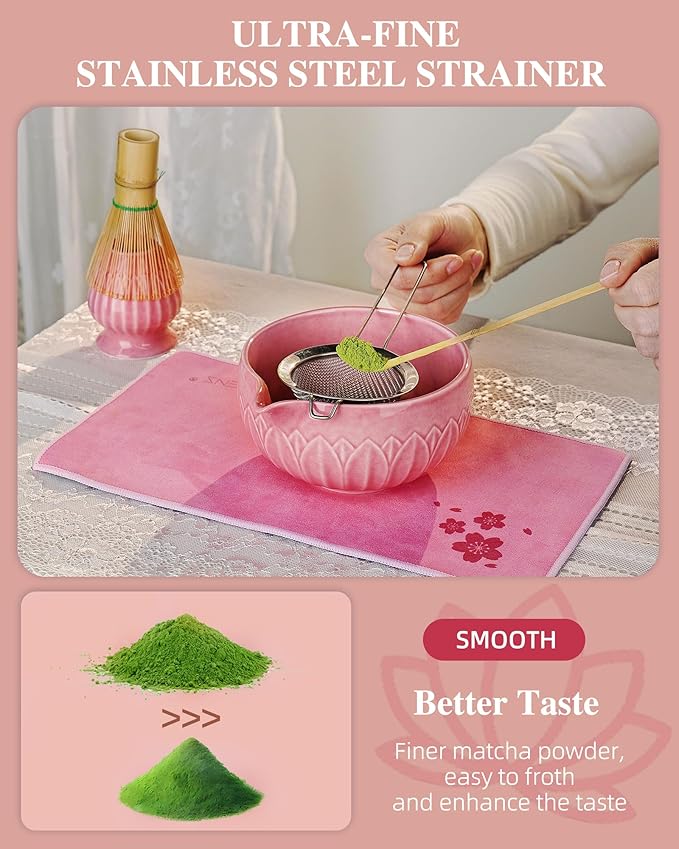 ZENS Pink Matcha Kit, 6pcs Matcha Whisk Set Includes 15oz Pink Bowl, Chasen Holder, Bamboo Whisk & Scoop, 304 Sifter & Tea Mat, Japanesse Matcha Set for Matcha Latte-Making