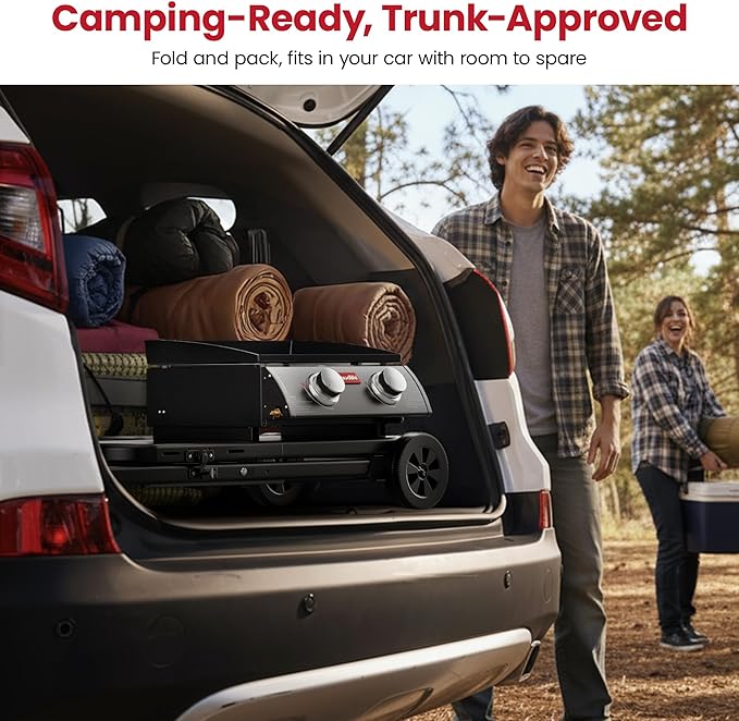 Portable Propane Gas Griddle with Collapsible Stand, Non-Stick Enameled Cast Iron, 342 SQ.IN Cooking Space, 2 Burners Flat Top Griddles for Camping, Tailgating, Outdoor Cooking