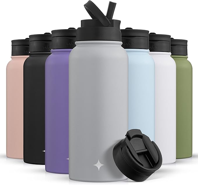 JoyJolt Triple Insulated Water Bottle with Straw Lid AND Flip Lid! 32oz Large Water Bottle, 12 Hour Hot/Cold Vacuum Insulated Stainless Steel Bottle. BPA-Free Leakproof Water Bottles - Thermos Bottle