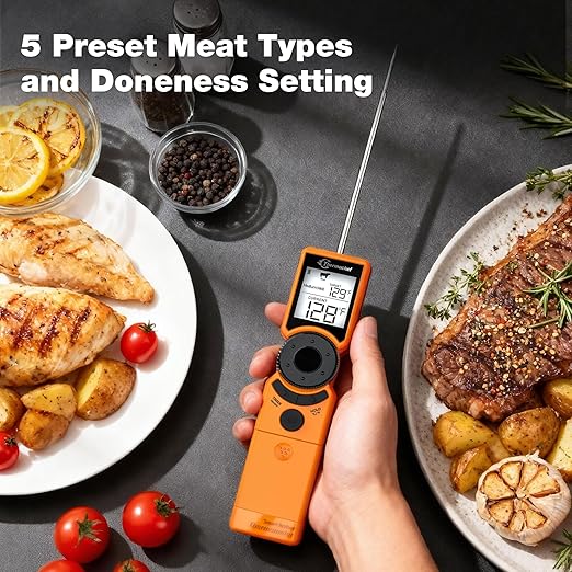 Digital Meat Thermometer for Grill, Instant Read Food Thermometers for Cooking with Food Doneness Guide, Calibration and LCD Backlight Screen, High Accuracy ±1% ℉, BBQ Beef Candy Orange