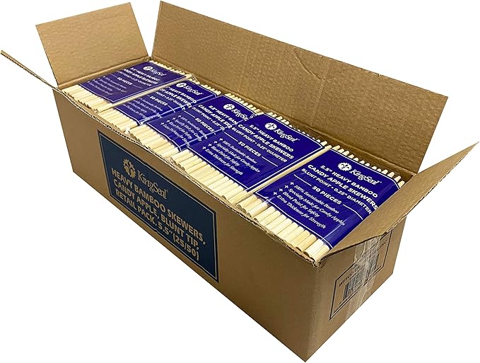 250 Count | KingSeal Natural Bamboo Wood Candy Apple Skewers, Sticks, 5.5 Inch x 6.5mm diameter, Blunt Point for Safety, Retail Pack - 5 Packs of 50 (250 Count)
