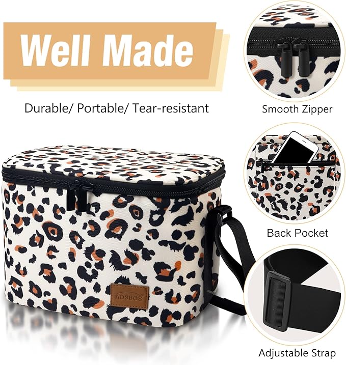 Aosbos Lunch Bag Women, Insulated Lunchbox for Adults, Leakproof Lunch Box with Adjustable Shoulder Strap, Perfect for Work, Office, Outdoors, Picnic, Loncheras Para Mujer, Leopard