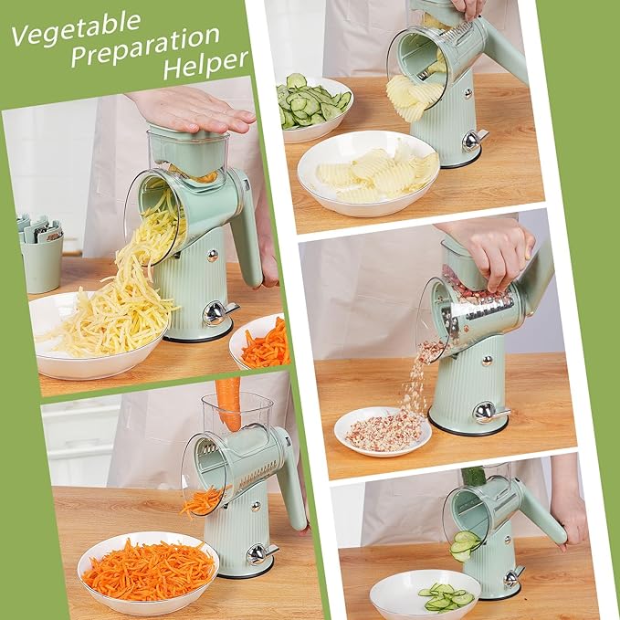 5 in 1 Rotary Cheese Grater Vegetable Slicer - Drum Mandoline Chopper for Kitchen, Easy to Clean with Storage Container