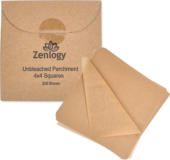 Zenlogy 4x4 Small Parchment Paper Squares (200 sheets) - Unbleached, Non-stick, Pre-cut Parchment Paper - Ideal for Candy Wrappers, Liner Paper, Freezing and Storing, Separating, and Diamond Painting