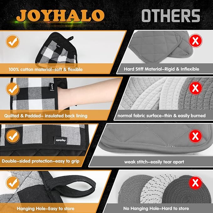 Joyhalo 4 Pack Pot Holders for Kitchen,Cotton Oven Holder with Great Heat Resistance,Non Slip Hot Pads for Kitchen Clearance,Black and White