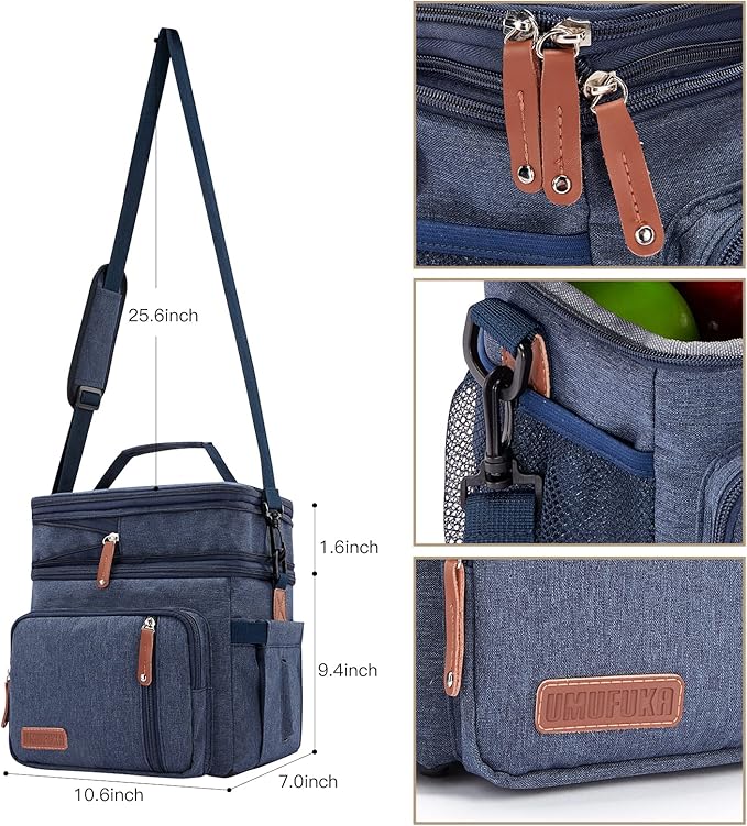 Men's Double Compartment Lunch Bag, Insulated Lunch Cooler Tote 2 Roomy Large Reusable Water-resistant Lunch Box (Blue)