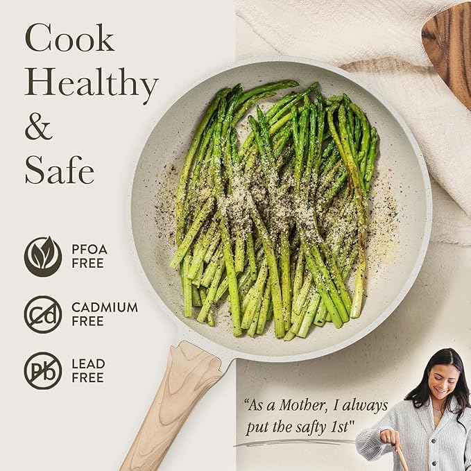 CAROTE Non Stick Frying Pan Skillet, Omelet Pan, Healthy Non Toxic Granite Chef Pan, Induction Compatible Egg Frying Pan with Heat-Resistant Handle, PFOA-Free, Cream White, 12"