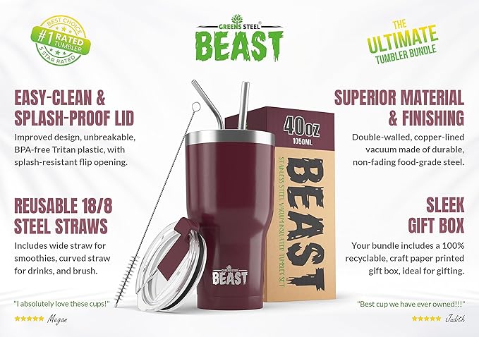 Beast 40 oz Tumbler Stainless Steel Vacuum Insulated Coffee Ice Cup Double Wall Travel Flask (Cranberry Red)