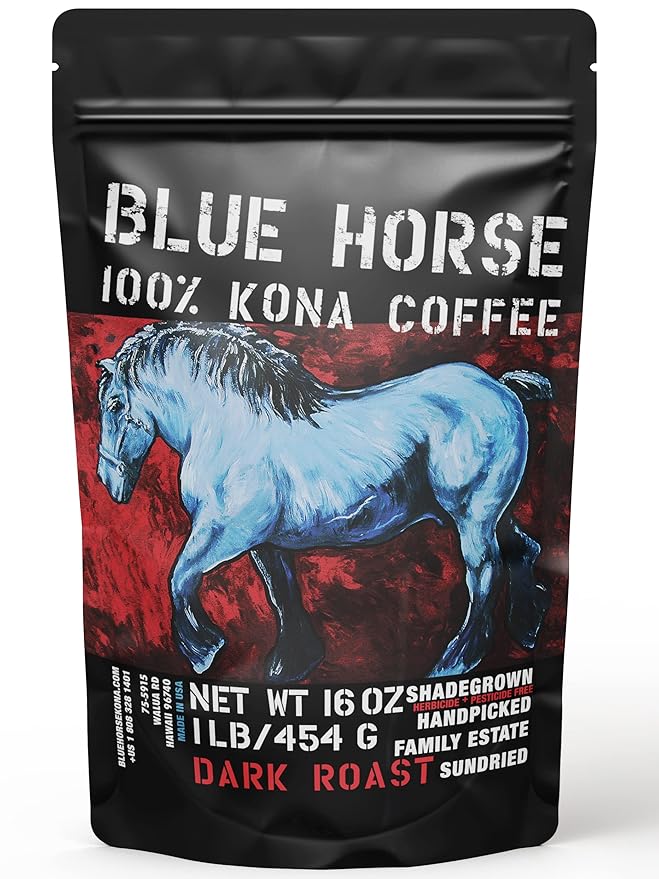 Blue Horse 100% Kona Coffee, Dark Roast, Arabica Whole Beans, 1 lb (16 oz) Bag, Farm Fresh, Authentic Hawaiian Coffee beans from Hawaii’s Big Island