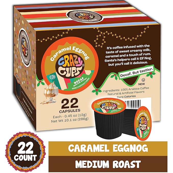 Crazy Cups Decaf Flavored Coffee Pods, Decaf Eggnog Coffee, Holiday Blend Coffee, Single Serve Coffee for Keurig K Cups Machines, Hot or Iced Coffee, Medium Roast Coffee, 22 Count (Pack of 2)