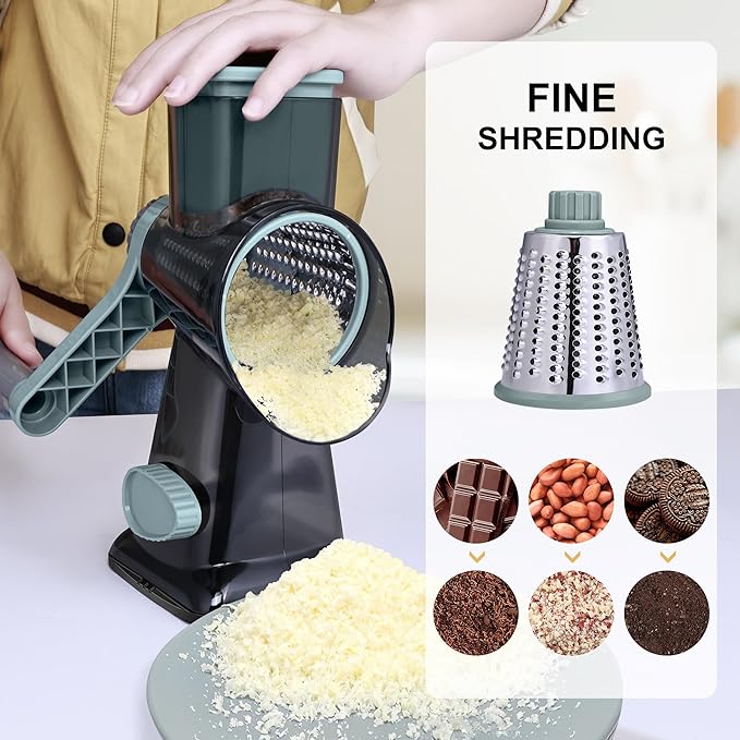Kaishun Cheese Grater Rotary Grater Sredder Stainless Steel with Vacuum Suction Base Madonline Multi Functional Kitchen Tool Perfect for Easy Shredding and Slicing ((Clear) BlackCyan)