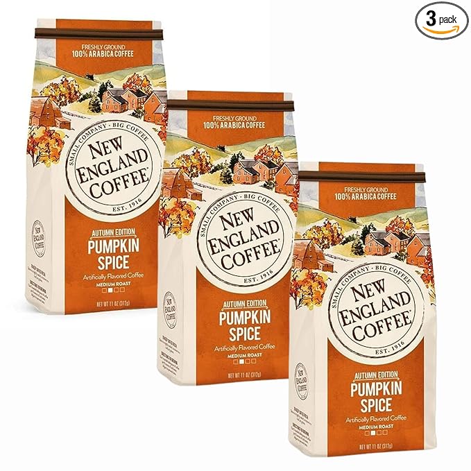 New England Coffee Pumpkin Spice Medium Roast Ground Coffee, 11oz Bag (Pack of 3)