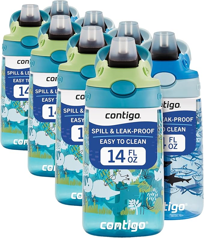 Contigo Aubrey Kids Dinos & Sharks Cleanable Water Bottle with Silicone Straw Spill-Proof Lid Dishwasher Safe 14oz 2-Pack (Pack of 4)