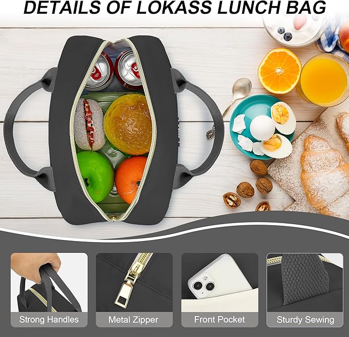 LOKASS Lunch Bag for Women-Insulated Adults Lunch Box with Front Pocket- Small Cute Lunch Tote for Work-Reusable Cooler Bag for Office Picnic Beach or Travel（Black）