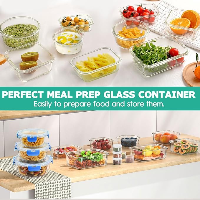 34pcs Glass Food Storage Containers with Lids Set,Airtight Glass Meal Prep Containers (17 Containers&17 Lids),Leak Proof Lunch Containers BPA-Free,Microwave,Oven,Freezer&Dishwasher,Blue